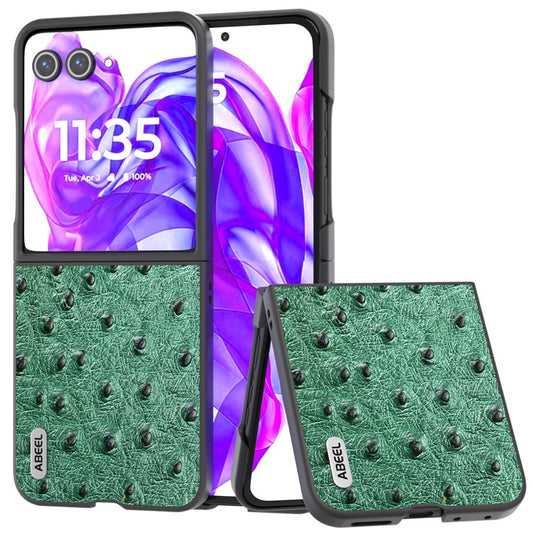 ABEEL For Motorola Razr 50 Ultra 5G Case Ostrich Texture Genuine Cow Leather+PC Phone Cover - Green