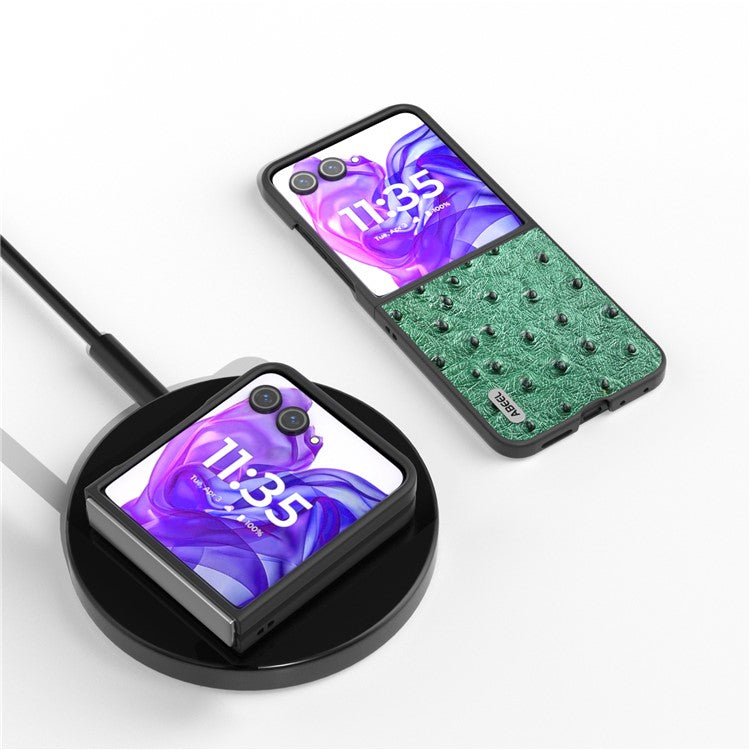 ABEEL For Motorola Razr 50 Ultra 5G Case Ostrich Texture Genuine Cow Leather+PC Phone Cover - Green
