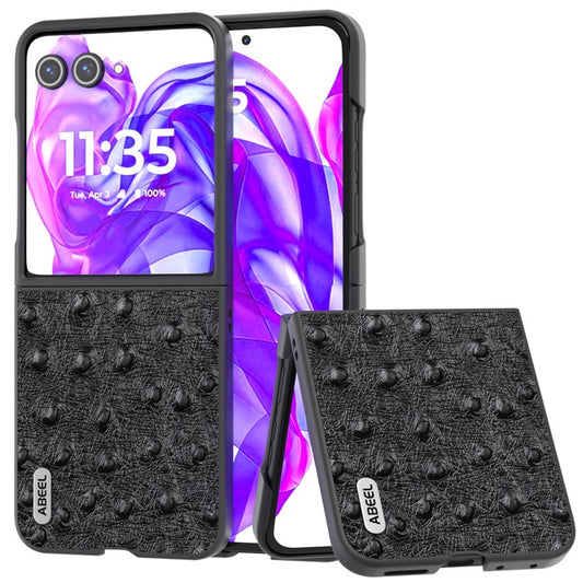 ABEEL For Motorola Razr 50 Ultra 5G Case Ostrich Texture Genuine Cow Leather+PC Phone Cover - Black