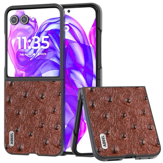 ABEEL For Motorola Razr 50 Ultra 5G Case Ostrich Texture Genuine Cow Leather+PC Phone Cover - Coffee