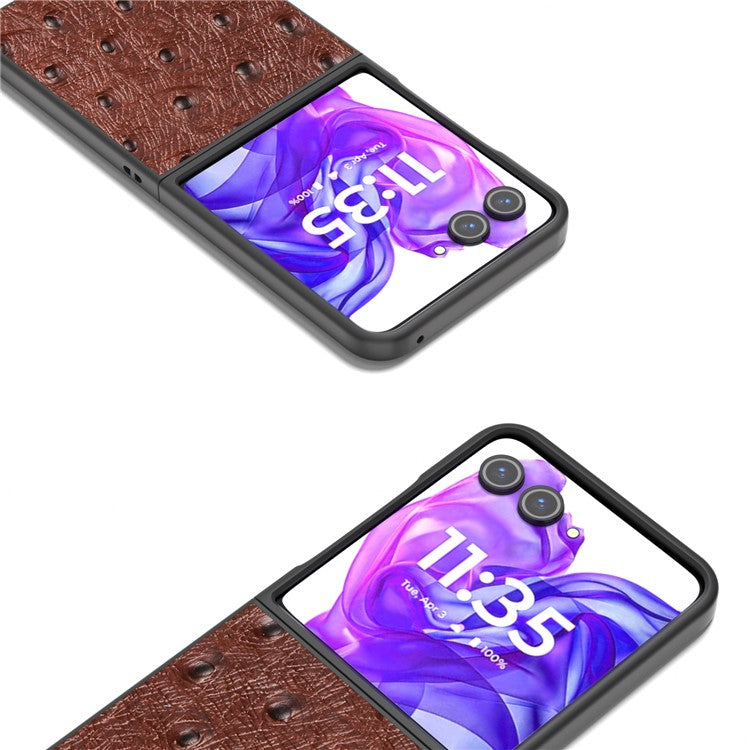 ABEEL For Motorola Razr 50 Ultra 5G Case Ostrich Texture Genuine Cow Leather+PC Phone Cover - Coffee