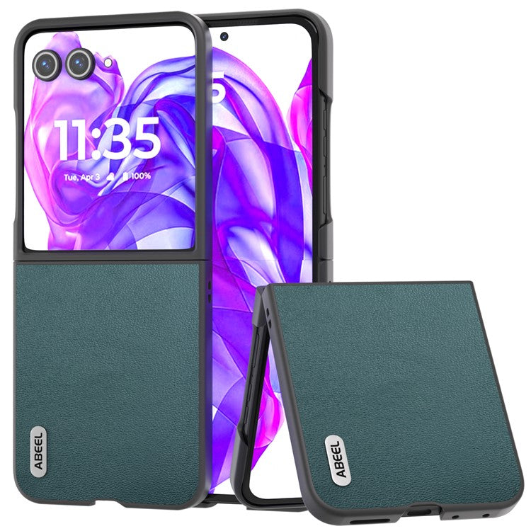 ABEEL For Motorola Razr 50 Ultra 5G Case Black Edge Genuine Cow Leather+PC Cover - Midnight Green