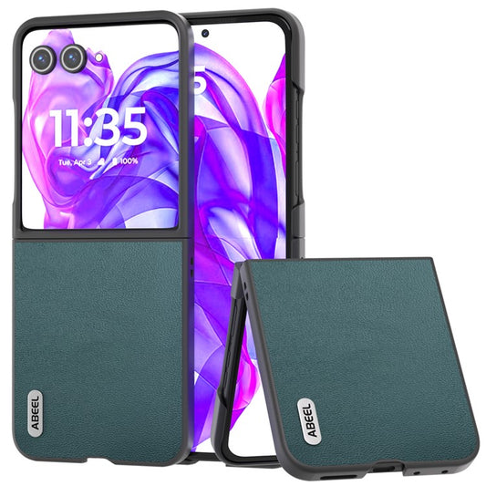 ABEEL For Motorola Razr 50 Ultra 5G Case Black Edge Genuine Cow Leather+PC Cover - Midnight Green