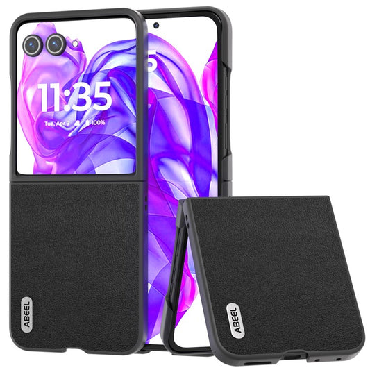 ABEEL For Motorola Razr 50 Ultra 5G Case Black Edge Genuine Cow Leather+PC Cover - Black