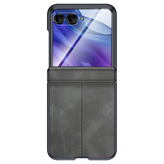 For Motorola Razr 50 Ultra 5G Case Leather Hard PC Phone Cover with Rear Screen Film / Hinge - Grey