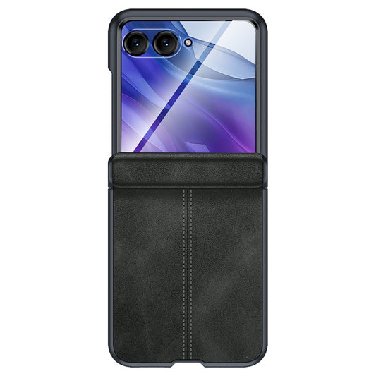 For Motorola Razr 50 Ultra 5G Case Leather Hard PC Phone Cover with Rear Screen Film / Hinge - Black