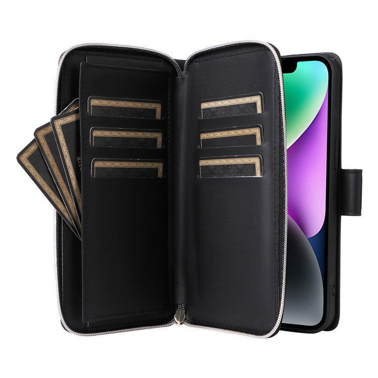 R20 For iPhone 14 / 13 Case Zipper Pocket Leather Phone Cover Stand View - Black