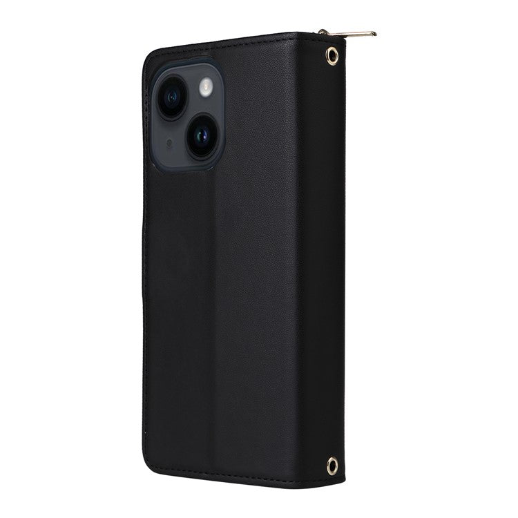 R20 For iPhone 14 / 13 Case Zipper Pocket Leather Phone Cover Stand View - Black