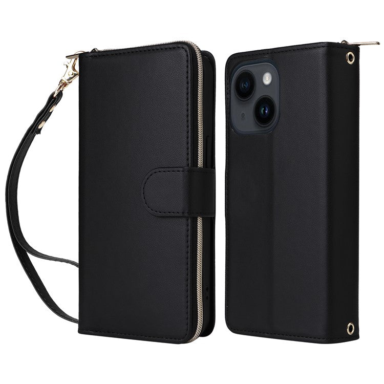 R20 For iPhone 14 / 13 Case Zipper Pocket Leather Phone Cover Stand View - Black