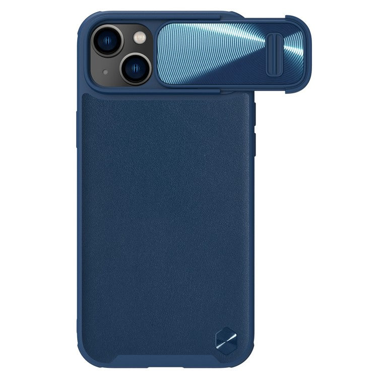 NILLKIN For iPhone 14 Plus Protective Case Anti Scratch Phone Cover PU Leather Coated PC + TPU Phone Case with Slide Camera Cover - Blue