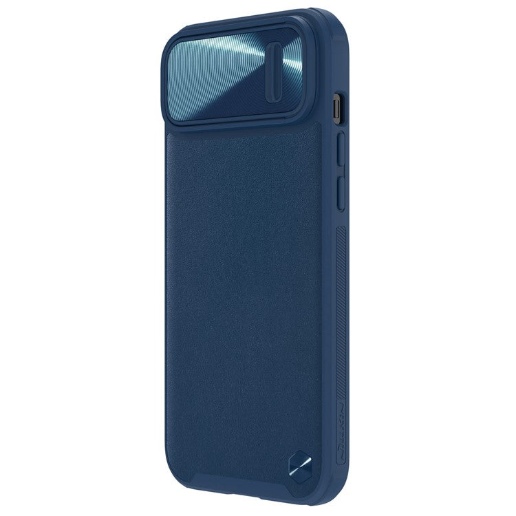 NILLKIN For iPhone 14 Plus Protective Case Anti Scratch Phone Cover PU Leather Coated PC + TPU Phone Case with Slide Camera Cover - Blue