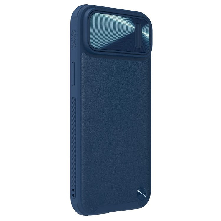 NILLKIN For iPhone 14 Plus Protective Case Anti Scratch Phone Cover PU Leather Coated PC + TPU Phone Case with Slide Camera Cover - Blue