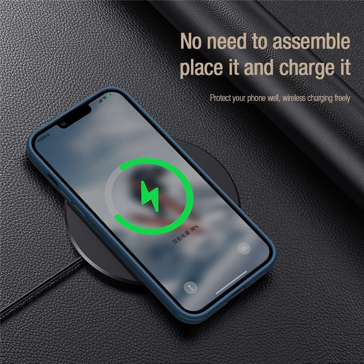 NILLKIN For iPhone 14 Plus Protective Case Anti Scratch Phone Cover PU Leather Coated PC + TPU Phone Case with Slide Camera Cover - Blue