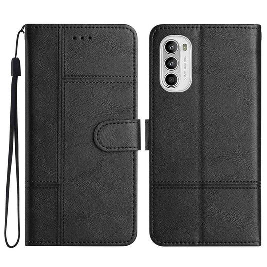 Cowhide Texture Phone Cover for Motorola Moto G52 4G / G82 5G, Business Style PU Leather Sewing Line Decor Wallet  Stand Flip Case - Black