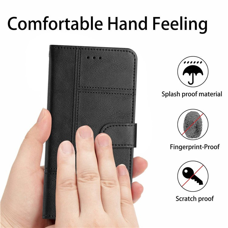Cowhide Texture Phone Cover for Motorola Moto G52 4G / G82 5G, Business Style PU Leather Sewing Line Decor Wallet  Stand Flip Case - Black