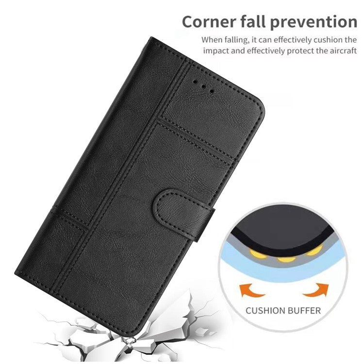 Cowhide Texture Phone Cover for Motorola Moto G52 4G / G82 5G, Business Style PU Leather Sewing Line Decor Wallet  Stand Flip Case - Black