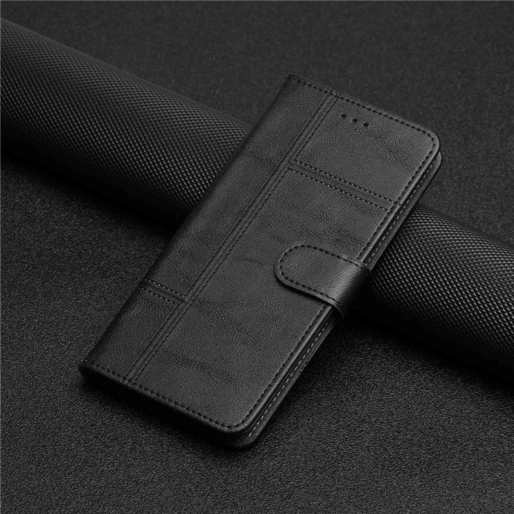 Cowhide Texture Phone Cover for Motorola Moto G52 4G / G82 5G, Business Style PU Leather Sewing Line Decor Wallet  Stand Flip Case - Black