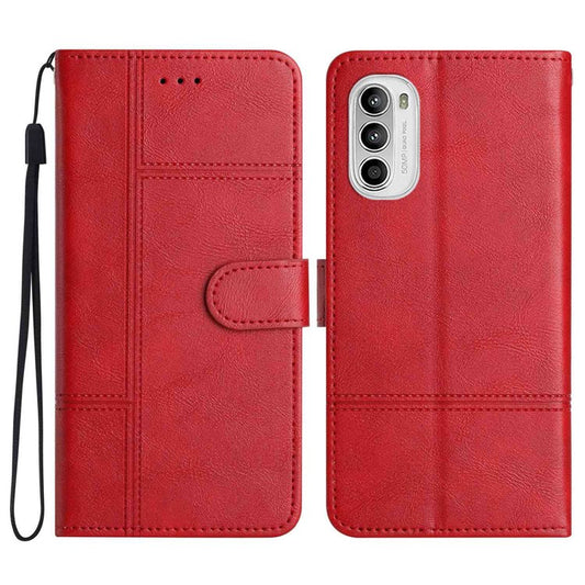 Cowhide Texture Phone Cover for Motorola Moto G52 4G / G82 5G, Business Style PU Leather Sewing Line Decor Wallet  Stand Flip Case - Red