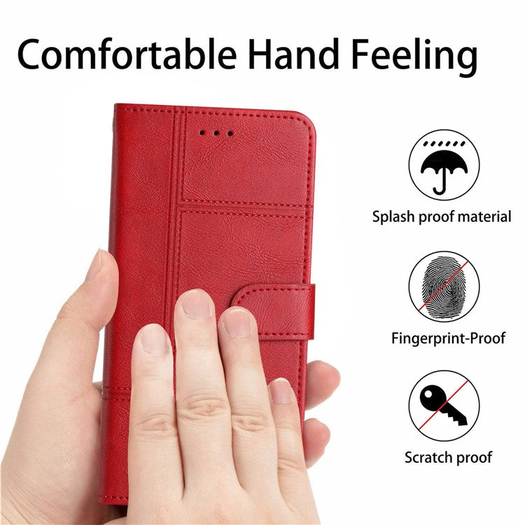 Cowhide Texture Phone Cover for Motorola Moto G52 4G / G82 5G, Business Style PU Leather Sewing Line Decor Wallet  Stand Flip Case - Red