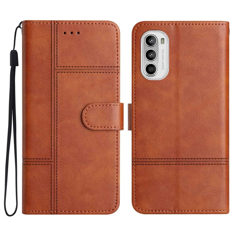 Cowhide Texture Phone Cover for Motorola Moto G52 4G / G82 5G, Business Style PU Leather Sewing Line Decor Wallet  Stand Flip Case - Brown