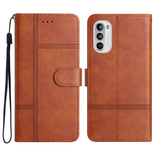 Cowhide Texture Phone Cover for Motorola Moto G52 4G / G82 5G, Business Style PU Leather Sewing Line Decor Wallet  Stand Flip Case - Brown