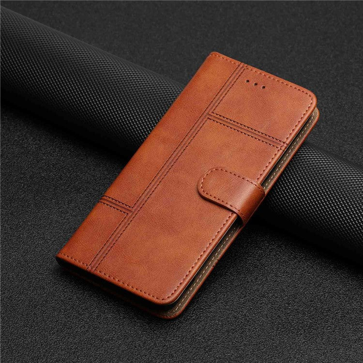Cowhide Texture Phone Cover for Motorola Moto G52 4G / G82 5G, Business Style PU Leather Sewing Line Decor Wallet  Stand Flip Case - Brown