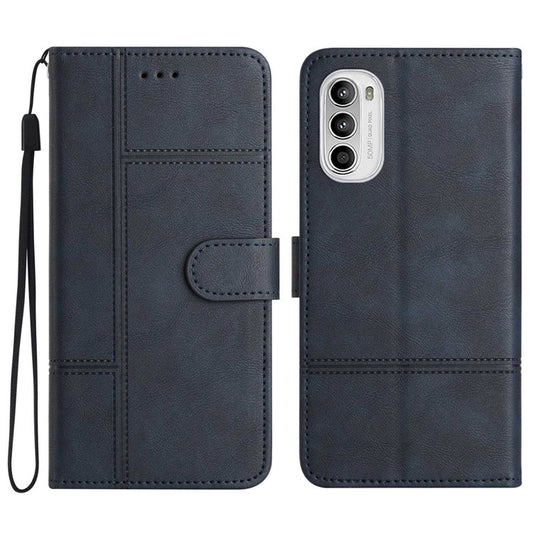 Cowhide Texture Phone Cover for Motorola Moto G52 4G / G82 5G, Business Style PU Leather Sewing Line Decor Wallet  Stand Flip Case - Blue