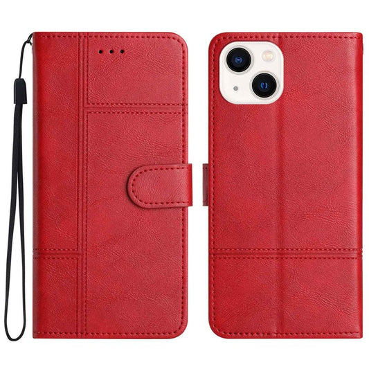Anti-fall Flip Wallet Case For iPhone 14, Business Style Anti-scratch Cowhide Texture PU Leather Phone Cover Stand with Strap - Red