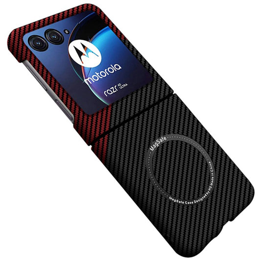 For Motorola Razr 50 Ultra 5G Magnetic Case Aramid Fiber+PC Phone Cover Carbon Fiber Texture - Black+Red