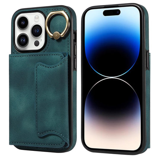 001 For iPhone 14 Pro Case Kickstand PU+TPU Phone Cover with Ring Holder Card Slots - Green