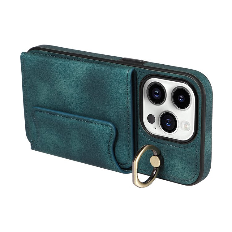 001 For iPhone 14 Pro Case Kickstand PU+TPU Phone Cover with Ring Holder Card Slots - Green