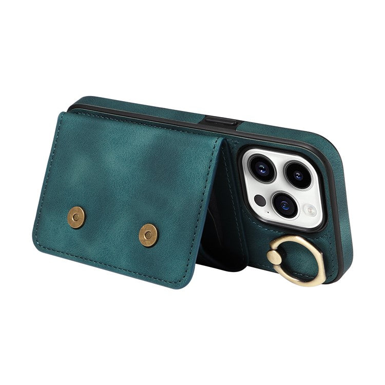 001 For iPhone 14 Pro Case Kickstand PU+TPU Phone Cover with Ring Holder Card Slots - Green
