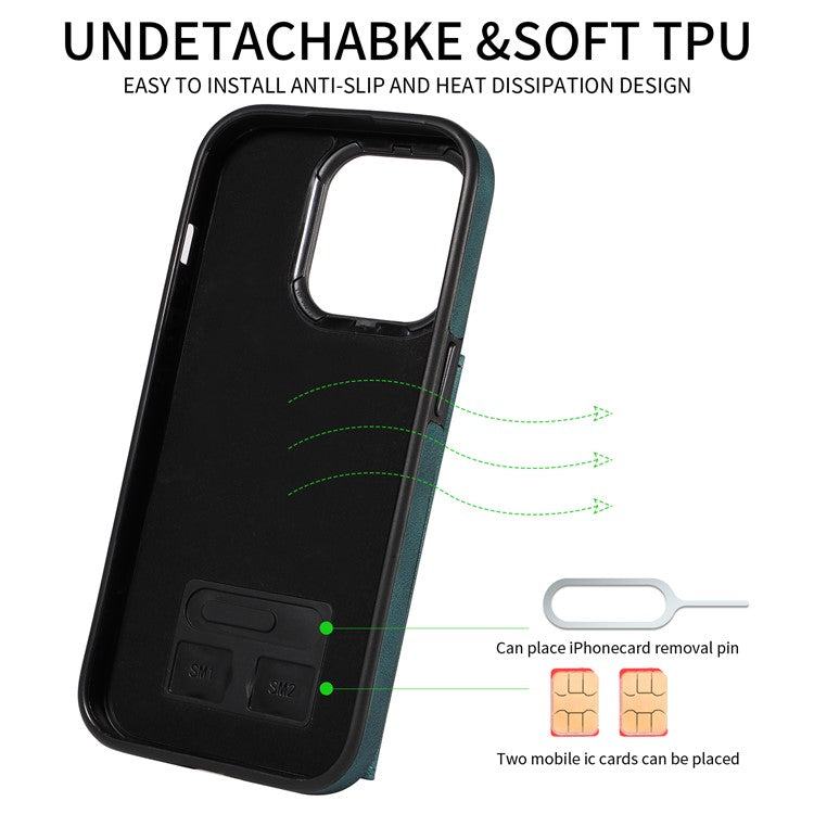 001 For iPhone 14 Pro Case Kickstand PU+TPU Phone Cover with Ring Holder Card Slots - Green