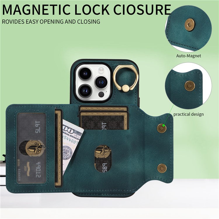 001 For iPhone 14 Pro Case Kickstand PU+TPU Phone Cover with Ring Holder Card Slots - Green