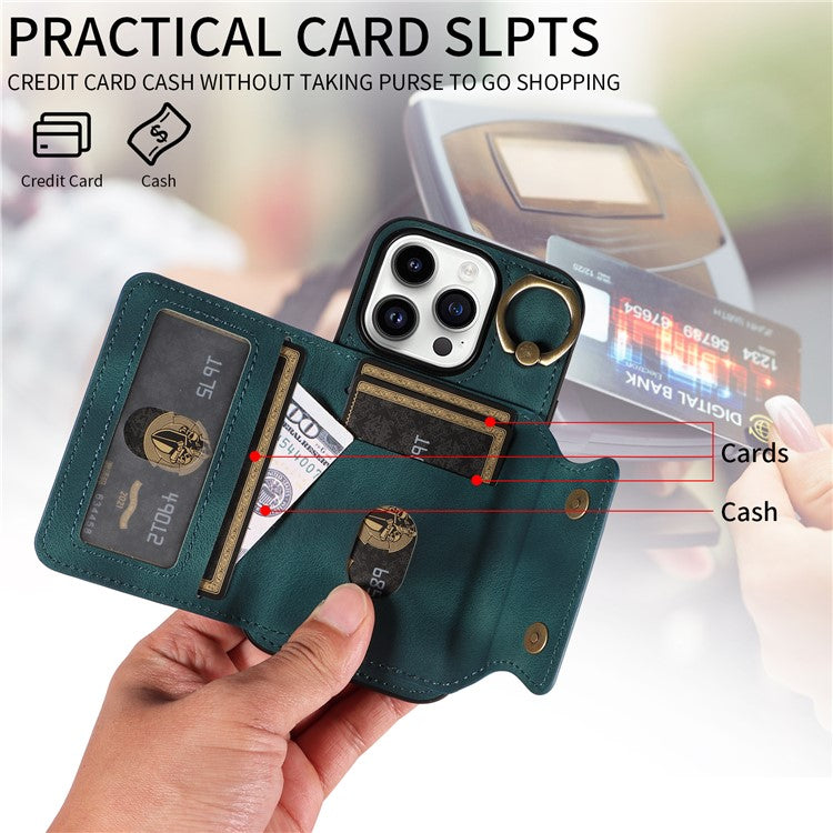 001 For iPhone 14 Pro Case Kickstand PU+TPU Phone Cover with Ring Holder Card Slots - Green