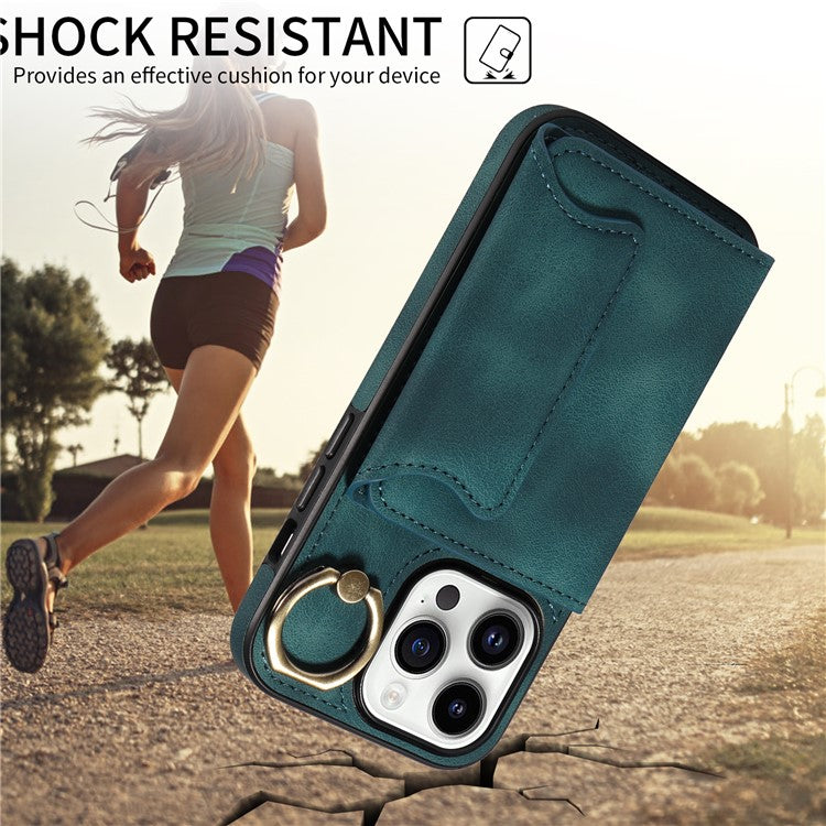 001 For iPhone 14 Pro Case Kickstand PU+TPU Phone Cover with Ring Holder Card Slots - Green