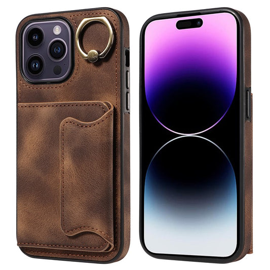 001 For iPhone 14 Pro Max Case Card Holder Skin-touch Leather Back Cover Anti-Drop Ring - Brown