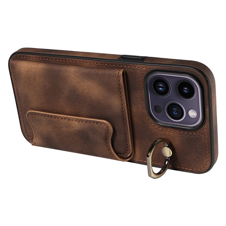 001 For iPhone 14 Pro Max Case Card Holder Skin-touch Leather Back Cover Anti-Drop Ring - Brown