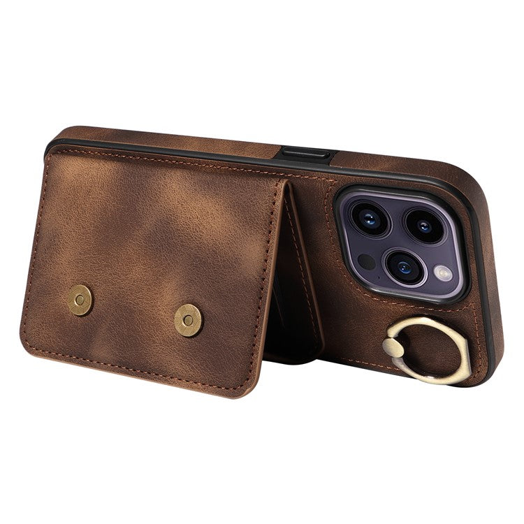 001 For iPhone 14 Pro Max Case Card Holder Skin-touch Leather Back Cover Anti-Drop Ring - Brown