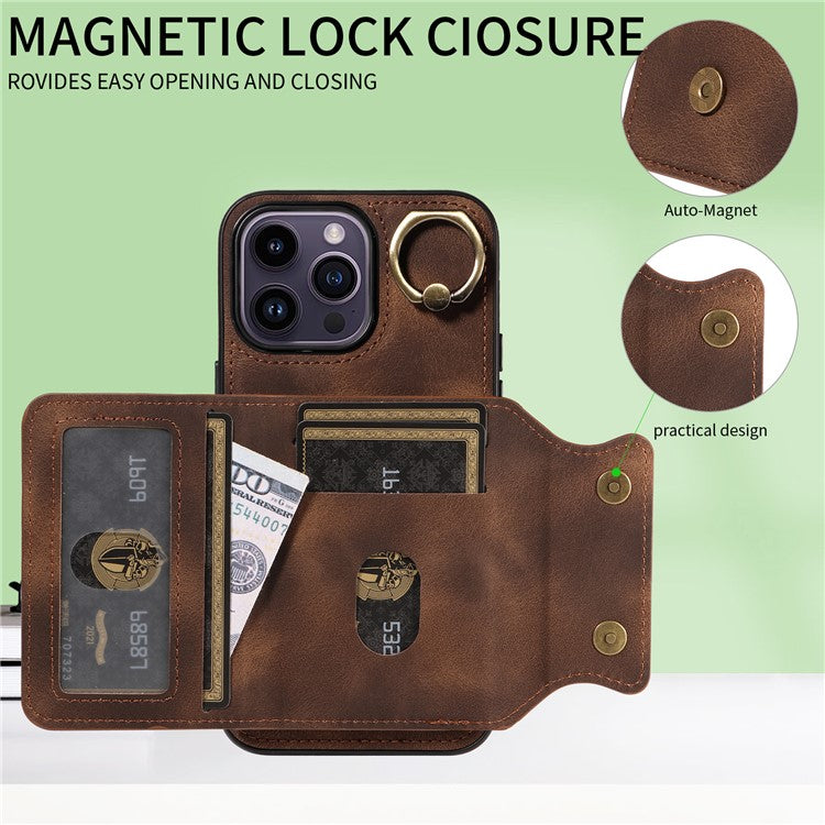 001 For iPhone 14 Pro Max Case Card Holder Skin-touch Leather Back Cover Anti-Drop Ring - Brown