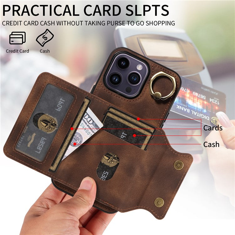 001 For iPhone 14 Pro Max Case Card Holder Skin-touch Leather Back Cover Anti-Drop Ring - Brown