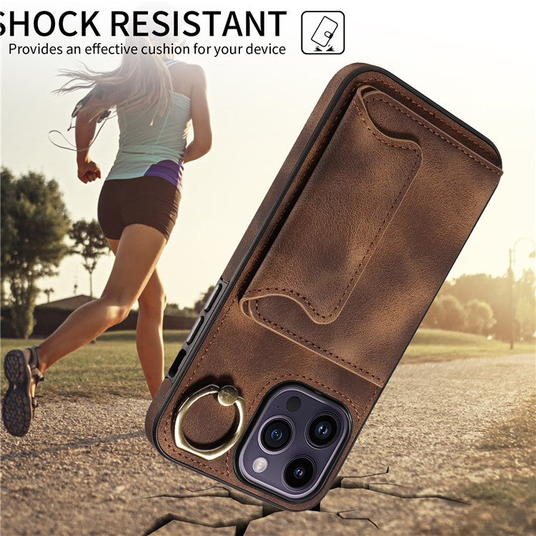 001 For iPhone 14 Pro Max Case Card Holder Skin-touch Leather Back Cover Anti-Drop Ring - Brown