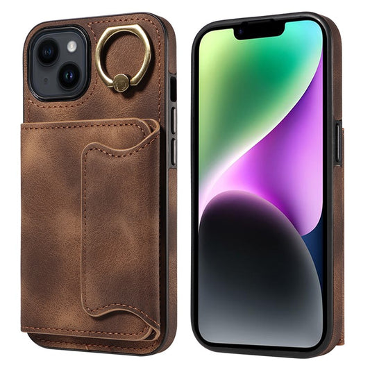 001 For iPhone 14 Case Card Holder Leather+TPU Ring Kickstand Shockproof Cover - Brown