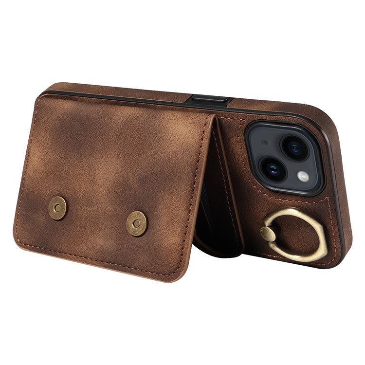 001 For iPhone 14 Case Card Holder Leather+TPU Ring Kickstand Shockproof Cover - Brown