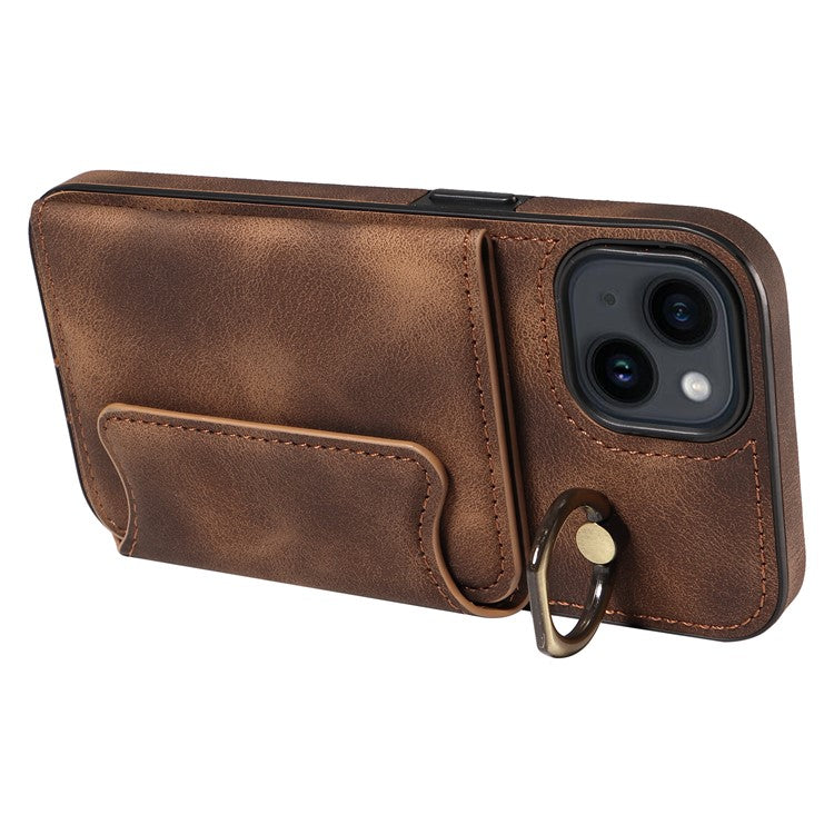 001 For iPhone 14 Case Card Holder Leather+TPU Ring Kickstand Shockproof Cover - Brown