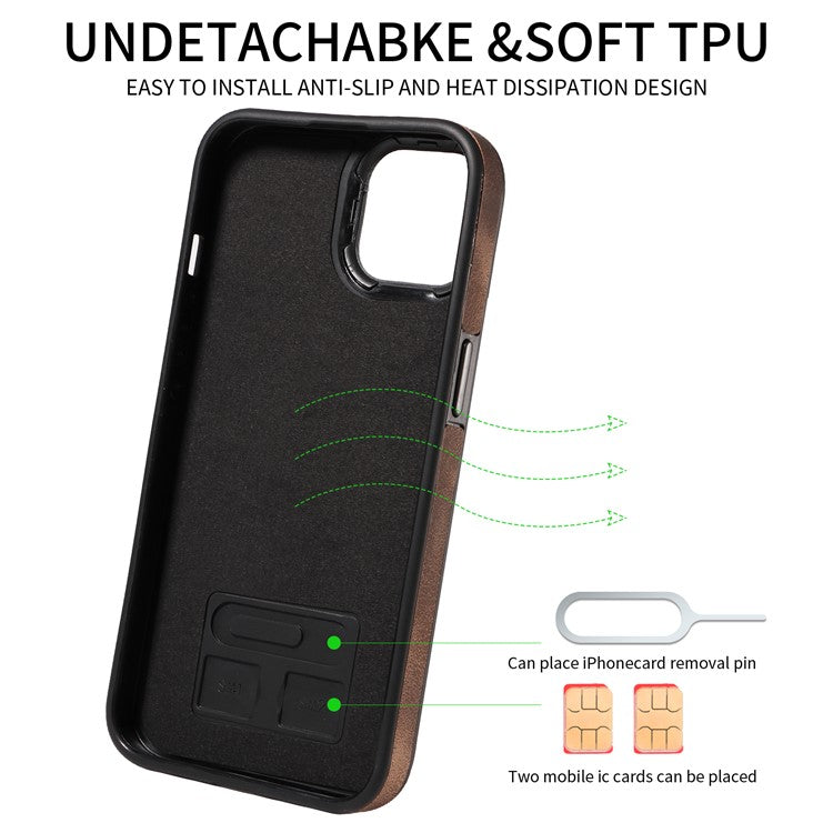 001 For iPhone 14 Case Card Holder Leather+TPU Ring Kickstand Shockproof Cover - Brown