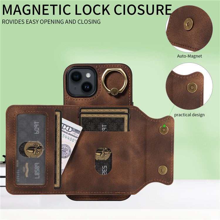 001 For iPhone 14 Case Card Holder Leather+TPU Ring Kickstand Shockproof Cover - Brown