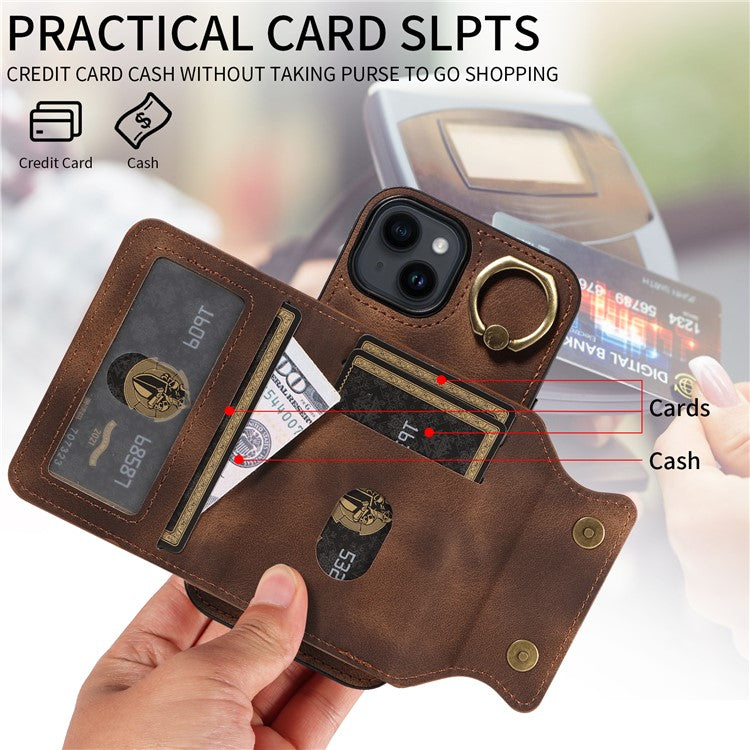001 For iPhone 14 Case Card Holder Leather+TPU Ring Kickstand Shockproof Cover - Brown