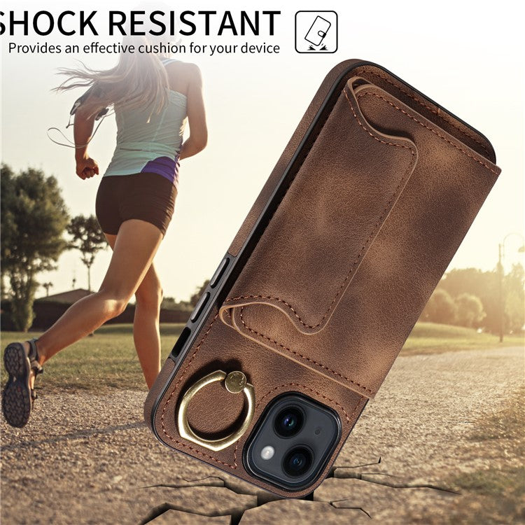 001 For iPhone 14 Case Card Holder Leather+TPU Ring Kickstand Shockproof Cover - Brown