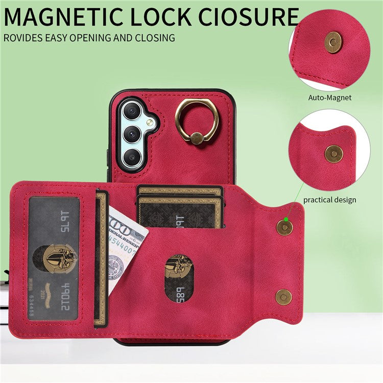001 For Samsung Galaxy A15 5G Case Card Holder Kickstand Leather Shockproof Back Cover - Red